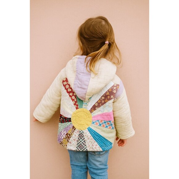 Handmade Vintage-Quilt “Sunburst” Hooded Toddler Girl Coat | Upcycled Fabric, On - Picture 1 of 5